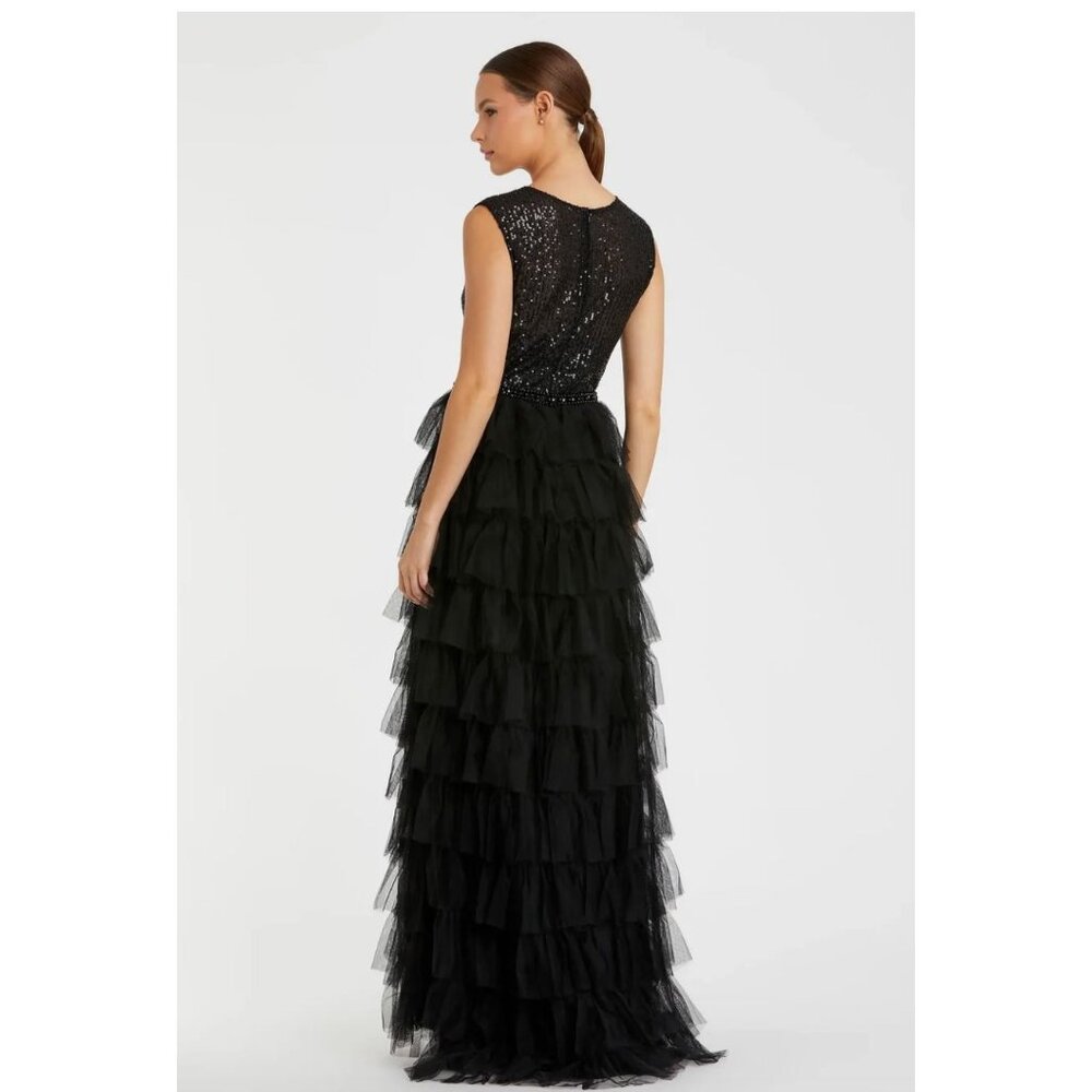 Mac Duggal 27055  Black Ruffle Tiered High Neck Sequined Gown Size 8 - Picture 3 of 6